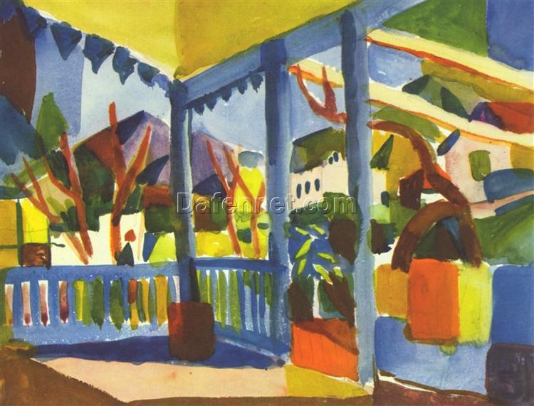 Authentic Dafen Village Reproduction Inspired by August Macke’s ‘Terrace of the country house in St. Germain’ – 1914 Expressionist Cityscape Watercolor for Art Enthusiasts
