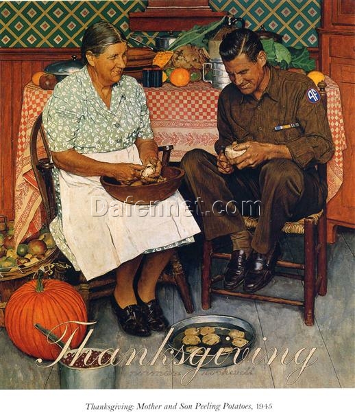 High – Quality Hand – Painted Reproduction of Norman Rockwell’s “Thanksgiving Mother and Son Peeling Potatoes” Inspired by 1945 Original – Dafen Village Studio’s 85×89 cm Oil on Canvas