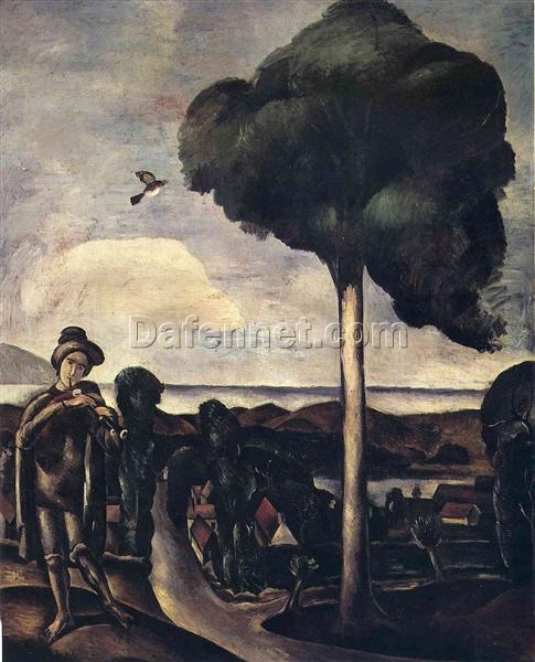Exquisite Hand-Painted Oil Painting Inspired by Andre Derain’s c.1911 ‘The Bagpiper at Camiers’ – An Expressive Genre Gem from Dafen Village Studio for Art Aficionados