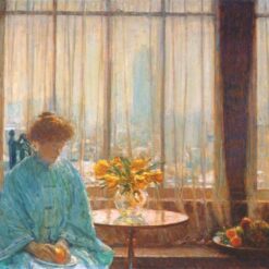 Authentic - Looking Impressionist Genre Painting "The Breakfast Room, Winter Morning" (1911) by Childe Hassam - Dafen Village Creation, Oil Painting for Home and Office Spaces, Loved by Art Aficionados and Those Who Appreciate Intimate Scenes
