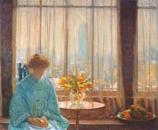 Authentic – Looking Impressionist Genre Painting “The Breakfast Room, Winter Morning” (1911) by Childe Hassam – Dafen Village Creation, Oil Painting for Home and Office Spaces, Loved by Art Aficionados and Those Who Appreciate Intimate Scenes