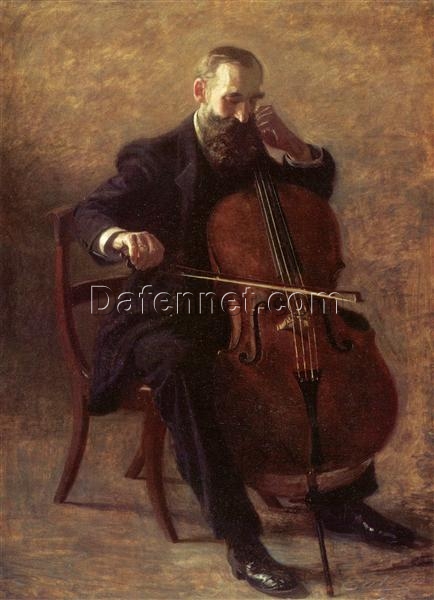 Hand-Painted Replica of Thomas Eakins’ “The Cello Player” (1896) – Magnificent Realist Genre Painting Oil on Canvas from Dafen Village, Ideal for Art Lovers and Music Enthusiasts
