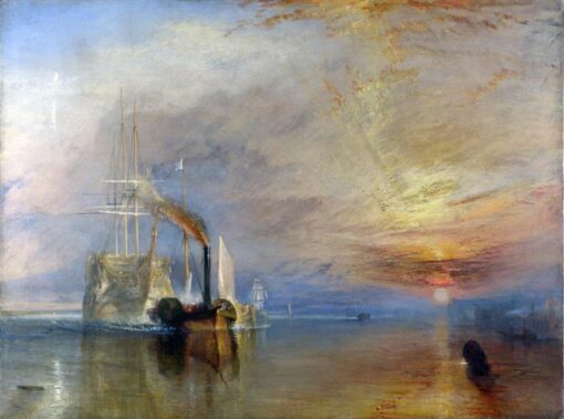 Iconic Romantic Marina Painting: ‘The Fighting Temeraire tugged to her last berth to be broken up’ by J.M.W. Turner (1839) – A National Gallery, London Masterpiece