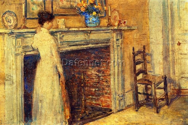 Hand – Painted Replica of Childe Hassam’s “The Fireplace” (1912) – Charming Impressionist Genre Oil Painting on Canvas from Dafen Village for Cozy Home Decor and Art Enthusiasts