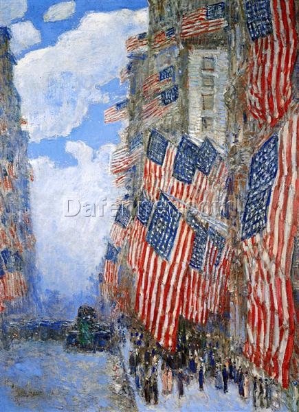 Authentic-Looking Impressionist Cityscape “The Fourth of July” (1916) by Childe Hassam – Dafen Village Creation, Oil Painting for Home and Office Spaces, Adored by Art Aficionados
