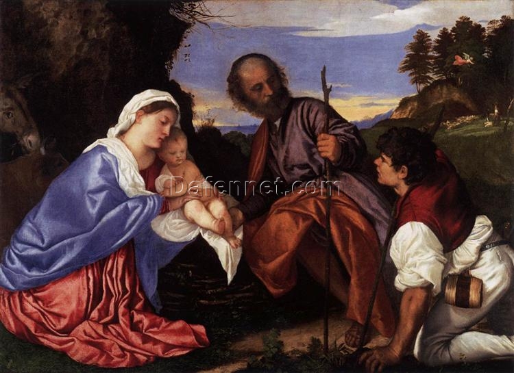 Custom Oil Painting – The Holy Family with a Shepherd Inspired by Titian’s Masterpiece for Religious Art Lovers
