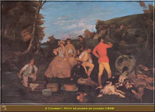 Authentically Rendered 1858 ‘The Huntsman’s Picnic’ (Petit dejeuner de chasse) by Gustave Courbet – Realist Oil Canvas Genre Painting, Capturing the Spirit of the Wallraf-Richartz Museum Original