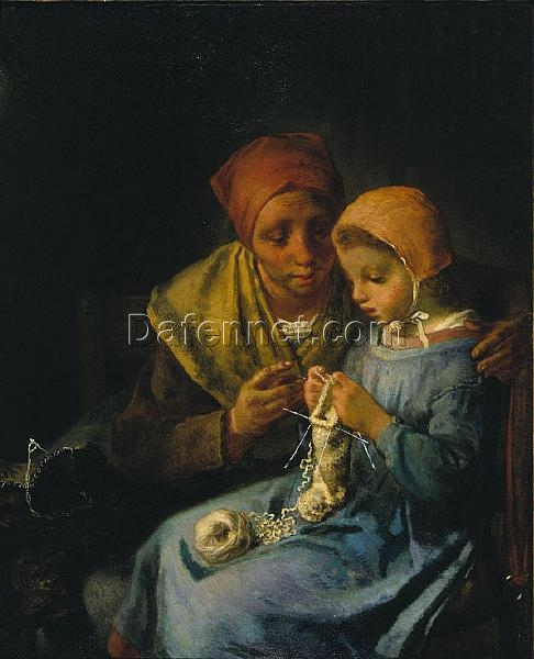 Hand – Painted Realist Genre Painting “The Knitting Lesson” INSPIRED BY Jean – Francois Millet (1869) – Skillfully Crafted by Dafen Village Artisans for Art Lovers