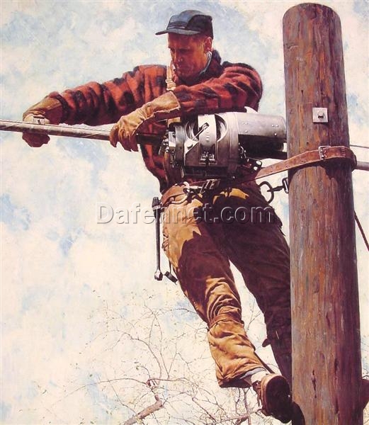 High – Quality Hand – Painted Replica by Dafen Village of Rockwell’s ‘The Lineman’ – Ideal for Decorating with a Vintage Vibe