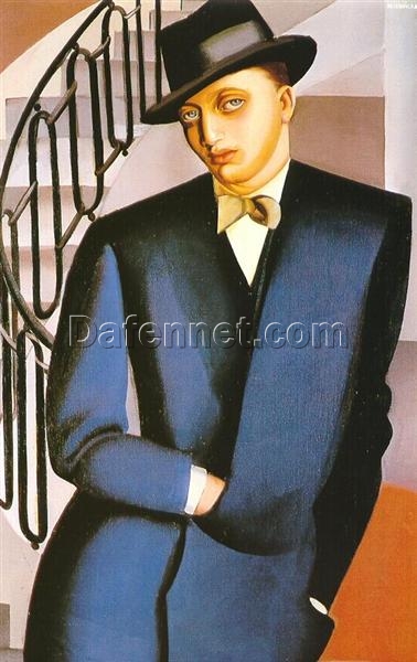 Lempicka-Inspired “The Marquis D’Afflitto on a Staircase” – Hand-Painted Art Deco Portrait for Luxury Home & Office Décor | DaFen Village Studio