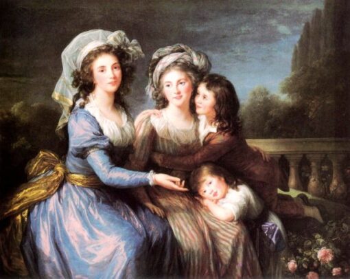 Tableau à l'huile peint à la main du village de Dafen : La Marquise de Pezay, et la Marquise de Rougé avec ses fils Alexis et Adrien INSPIREES PAR le chef-d'oeuvre rococo de Louise Elisabeth Vigee Le Brun de 1787