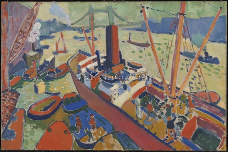 The Pool of London” Andre Derain Inspired Hand-Painted Oil Painting by Dafen Village Studio – A Breathtaking Marina Scene Blending Fauvism and Neo-Impressionism for Art Aficionados