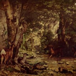 Authentically Rendered 1866 'The Return of the Deer to the Stream at Plaisir Fontaine' by Gustave Courbet - Realist Oil Canvas Animal Painting, 174x209 cm, Capturing the Spirit of the Musée d'Orsay Original, Perfect for Art Collectors and Wildlife Enthusiasts