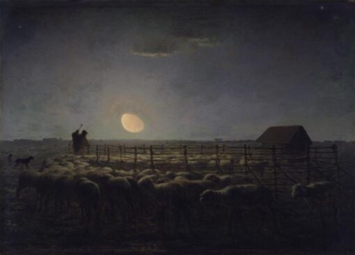 Custom-Sized Realist Landscape Painting “The Sheepfold, Moonlight” Inspired by Jean-Francois Millet’s c.1860 Masterpiece – Handmade in Dafen Village to Fit Your Space
