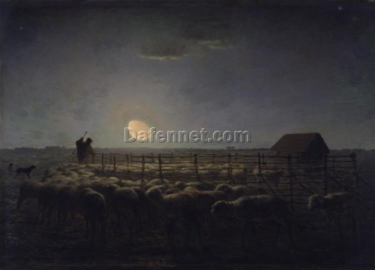 Custom-Sized Realist Landscape Painting “The Sheepfold, Moonlight” Inspired by Jean-Francois Millet’s c.1860 Masterpiece – Handmade in Dafen Village to Fit Your Space