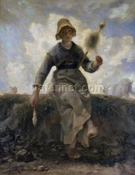 Hand – Painted Realist Portrait “The Spinner, Goatherd of the Auvergne” INSPIRED BY Jean – Francois Millet (1869) – Skillfully Crafted by Dafen Village Artisans for Art Lovers