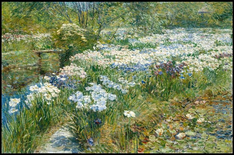 Hand-Painted Replica of Childe Hassam’s “The Water Garden” (1909) – A Serene Impressionist Landscape Oil Painting on Canvas from Dafen Village