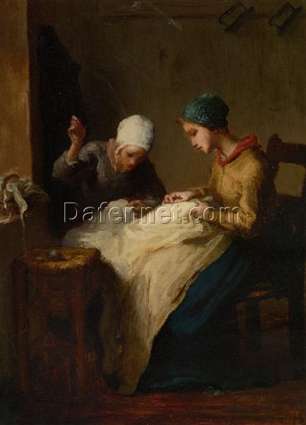 Custom-Sized Realist Genre Painting “The Young Seamstress” Inspired by Jean-Francois Millet – Handmade in Dafen Village to Fit Your Specific Decor Needs