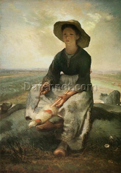 Hand – Painted Realist Genre Painting “The Young Shepherdess” INSPIRED BY Jean – Francois Millet (1870 – 1873) – Skillfully Created by Dafen Village Artisans for Art Enthusiasts