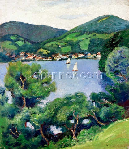 Exquisite Dafen Village Reproduction of August Macke’s ‘View of Tegernsee’ – Expressionist Landscape Oil on Canvas for Enthusiasts of German Art