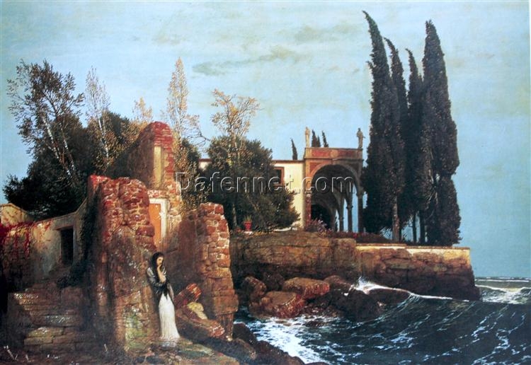Böcklin-Inspired “Villa by the Sea” Oil Painting – Symbolist Landscape Art for Luxury Home & Hotel Wall Décor | DaFen Village Studio