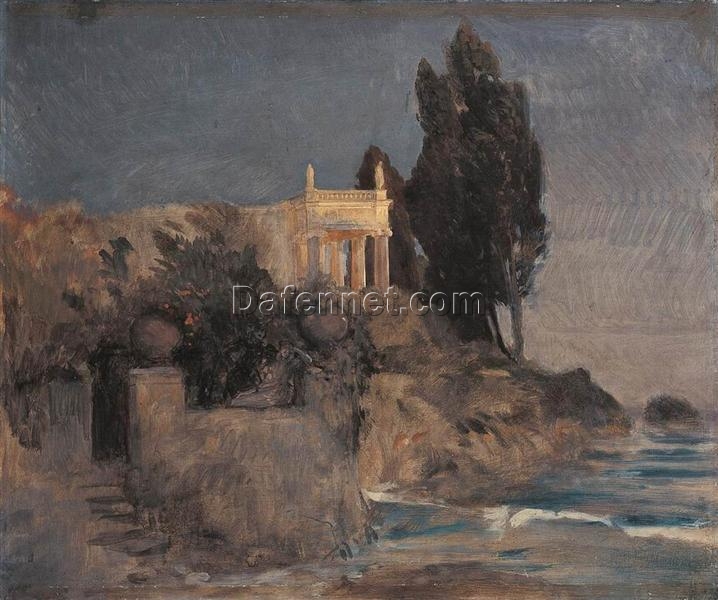 Hand – Painted Coastal Landscape INSPIRED BY Böcklin’s Villa by the Sea for Wall Decor