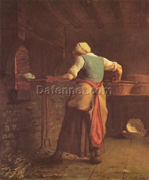 Hand-Painted Realist Genre Painting “Woman Baking Bread” INSPIRED BY Jean-Francois Millet (1854) – Skillfully Rendered by Dafen Village Artisans