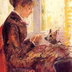 Exquisite Handmade Reproduction of Mary Cassatt's 'Woman by a Window Feeding Her Dog' - Impressionist Portrait in Oil on Canvas from Dafen Village