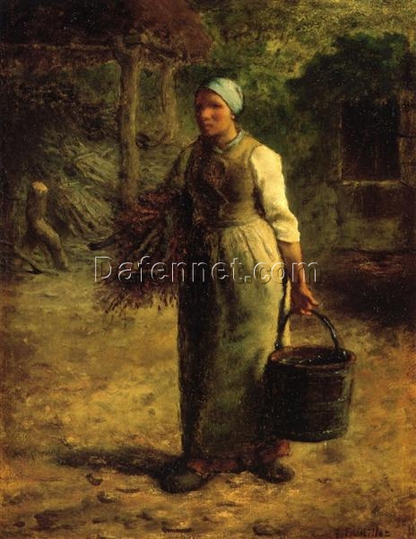 High-Quality Reproduction of Jean-Francois Millet’s 1858 – 1860 “Woman Carrying Firewood and a Pail” – Realist Genre Oil on Panel from Renowned Dafen Village Studios