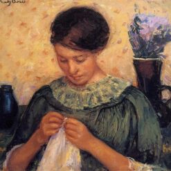 Exquisite Oil Painting Inspired by Mary Cassatt's 'Woman Sewing' (1913 - 1914) - Impressionist Style Portrait for Home Decor