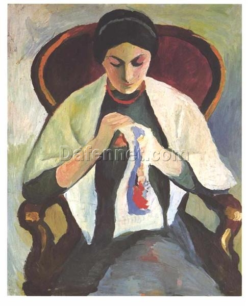 Dafen Village’s Exquisite Reproduction – August Macke’s Expressionist Portrait ‘Woman Sewing’ Oil on Canvas for Art Aficionados
