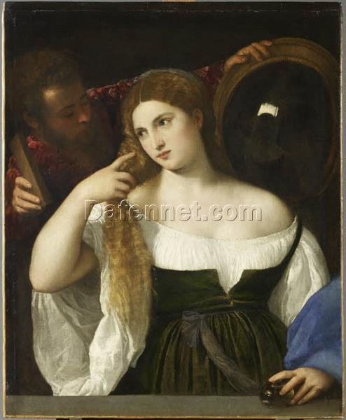 Woman with a Mirror Inspired by Titian – High Renaissance Oil Painting from DaFen Village Studio