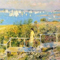 Authentic-Looking Impressionist Landscape "Yachts, Gloucester" (1889) by Childe Hassam - Dafen Village Creation, Oil Painting for Home and Office Spaces, Adored by Art Lovers