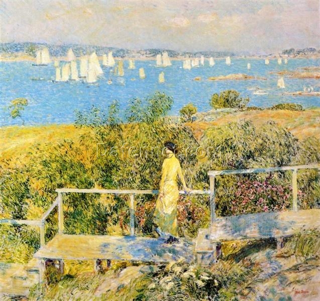 Authentic-Looking Impressionist Landscape “Yachts, Gloucester” (1889) by Childe Hassam – Dafen Village Creation, Oil Painting for Home and Office Spaces, Adored by Art Lovers
