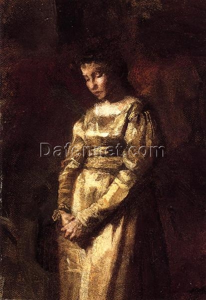 Authentic-Looking Realist Portrait “Young Girl Meditating (study)” (1877) by Thomas Eakins – Dafen Village Creation, Oil Painting for Home and Office Spaces, Adored by Art Aficionados and Those Who Appreciate the Beauty of Inner Stillness