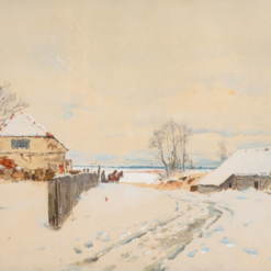 Custom - made Watercolor and Gouache Painting of 'Winterlandschaft, Ostpreußen' in the Vein of Walter Moras' 1895 Creation, Created in Dafen Village for Home Decorators Needing a Striking Winter - Themed Artwork for Their Living Areas
