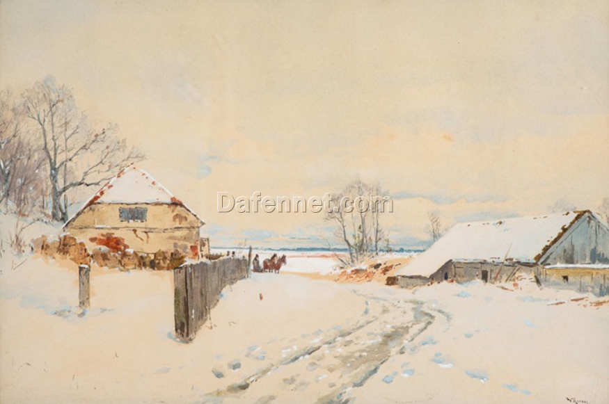 Custom – made Watercolor and Gouache Painting of ‘Winterlandschaft, Ostpreußen’ in the Vein of Walter Moras’ 1895 Creation, Created in Dafen Village for Home Decorators Needing a Striking Winter – Themed Artwork for Their Living Areas