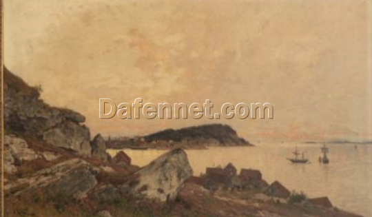 Authentic – looking ‘Walter Moras Inspired’ Oil Painting of ‘Fischerdorf bei Dämmerung’ on Canvas, Hand – crafted in Dafen Village for Collectors of German Landscape Masterpieces