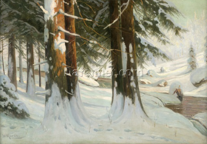 Authentic – looking ‘Walter Moras Inspired’ Oil Painting of ‘Sonnendurchfluteter Winterwald bei einem Bachlauf’ on Canvas, Hand – crafted in Dafen Village for Collectors of German Landscape Treasures