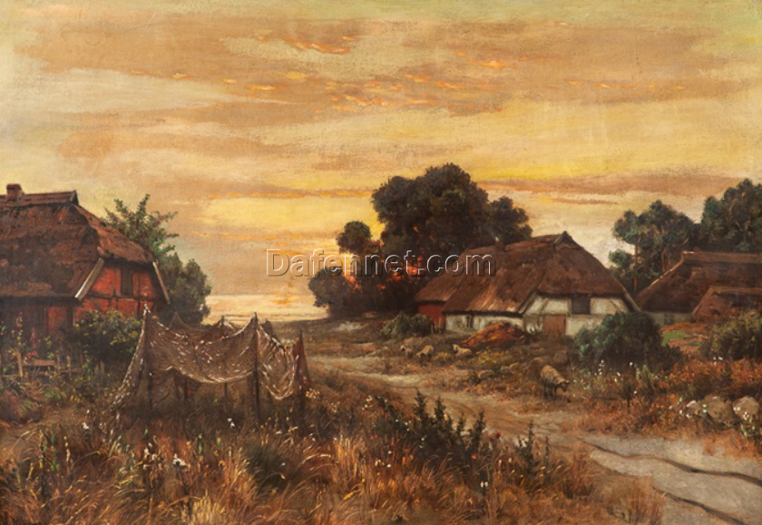 Custom – made Oil Painting of ‘Fischerdorf im Sonnenaufgang, 1890’ in the Vein of Walter Moras, Created in Dafen Village for Home Decorators Needing a Captivating Coastal – Themed Centerpiece for Their Living Spaces
