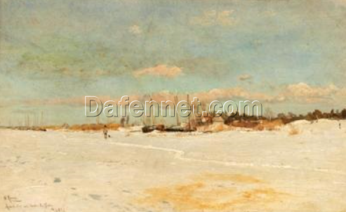 Charming Hand – painted Oil Reproduction of ‘Wintertag an der Memel’, 1889 INSPIRED BY Walter Moras, from Dafen Village for Art Lovers Seeking Compact, Authentic German Winter Scenery Art