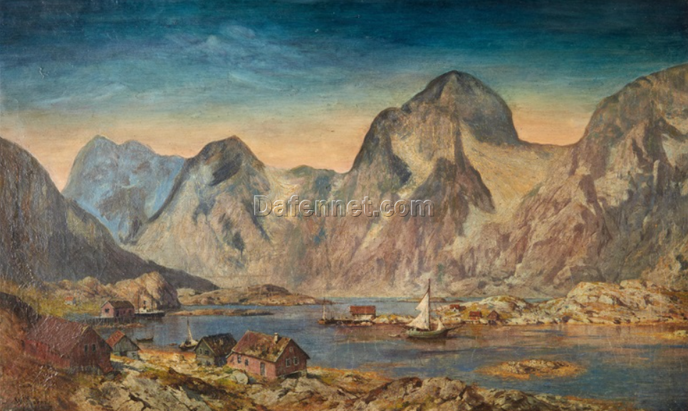 Custom – made Oil Painting of ‘Fishing Shacks on the Shore of a Mountain Lake’ in the Vein of Walter Moras, Created in Dafen Village for Home Decorators Needing a Peaceful Lake – Themed Artwork for Their Living Spaces