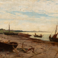 Exquisite Hand - painted Oil Reproduction of 'Fischerboote am Strand von Thiessow, Rügen, 1878' by Walter Moras, from Dafen Village for Art Lovers Enthralled by Coastal Scenes