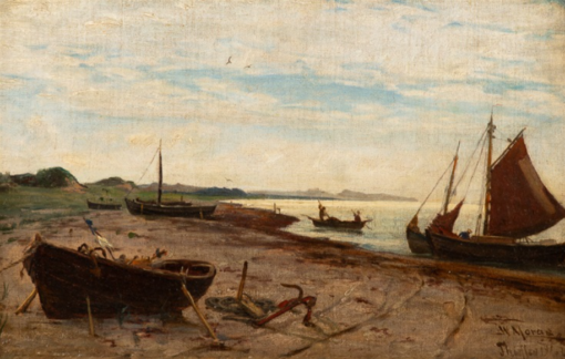 Exquisite Hand – painted Oil Reproduction of ‘Fischerboote am Strand von Thiessow, Rügen, 1878’ by Walter Moras, from Dafen Village for Art Lovers Enthralled by Coastal Scenes