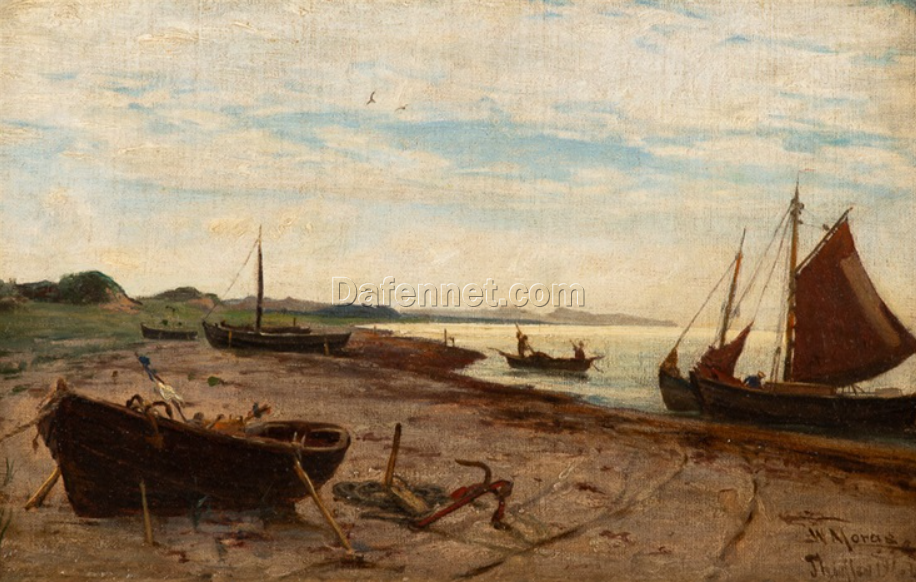 Exquisite Hand – painted Oil Reproduction of ‘Fischerboote am Strand von Thiessow, Rügen, 1878’ by Walter Moras, from Dafen Village for Art Lovers Enthralled by Coastal Scenes
