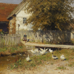 Authentic - looking 'Walter Moras Inspired' Oil Painting of 'Spreewälder Gehöft mit Gänsen' on Canvas, Hand - crafted in Dafen Village for Collectors of German Rural - Themed Art