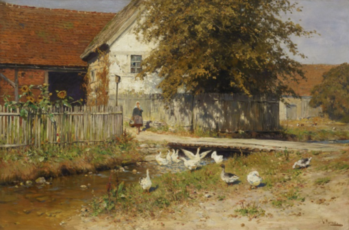 Authentic – looking ‘Walter Moras Inspired’ Oil Painting of ‘Spreewälder Gehöft mit Gänsen’ on Canvas, Hand – crafted in Dafen Village for Collectors of German Rural – Themed Art