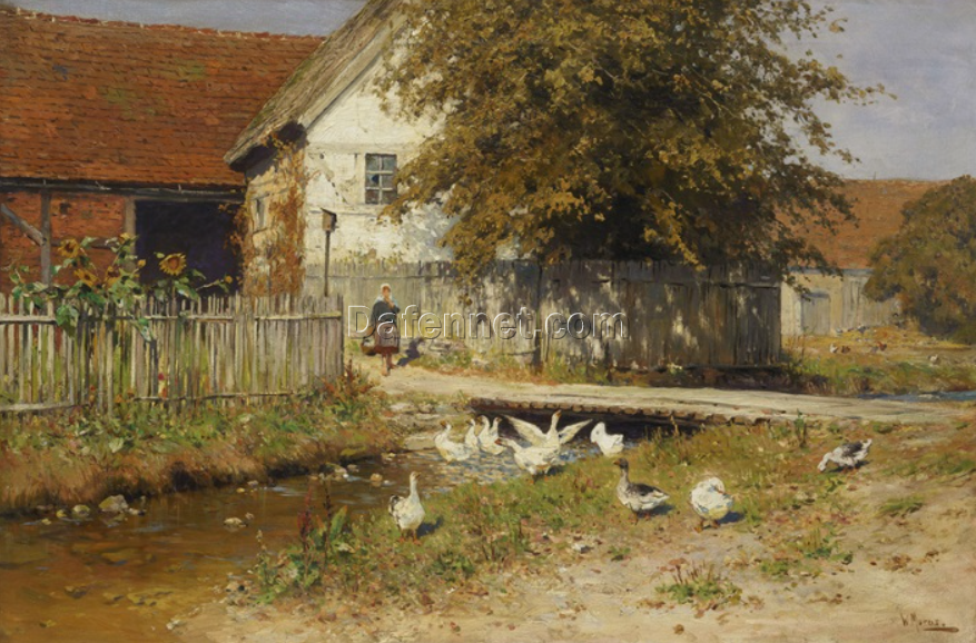 Authentic – looking ‘Walter Moras Inspired’ Oil Painting of ‘Spreewälder Gehöft mit Gänsen’ on Canvas, Hand – crafted in Dafen Village for Collectors of German Rural – Themed Art