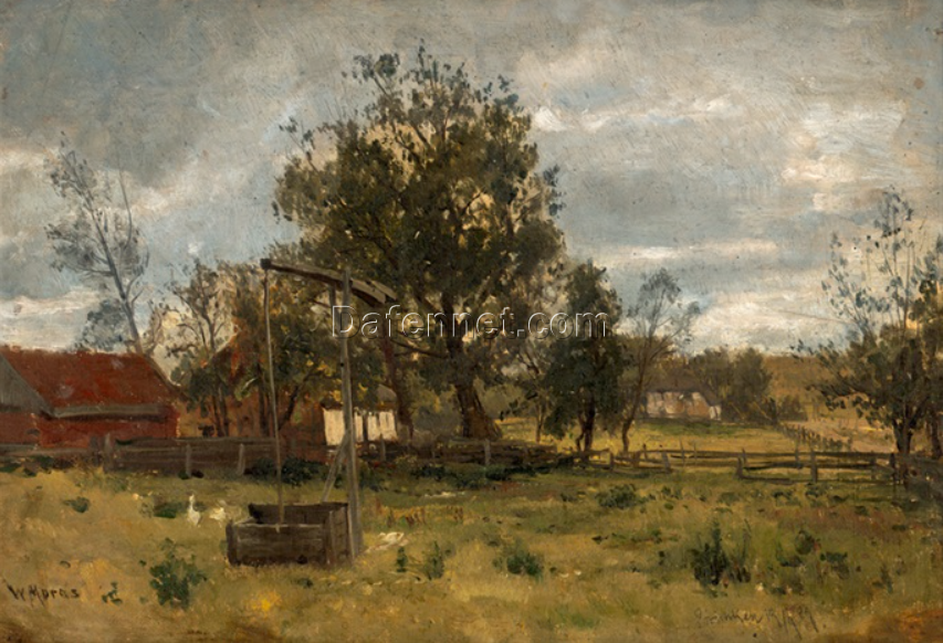 Exquisite Hand – painted Oil Reproduction of ‘Landschaft mit einem Ziehbrunnen auf einer Dorfwiese’ by Walter Moras, from Dafen Village for Art Lovers Fond of Rural Landscapes