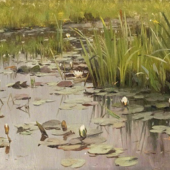 Authentic - looking 'Walter Moras Inspired' Oil Painting of 'Uferpartie mit Teichrosen' on Cardboard, Hand - crafted in Dafen Village for Collectors of German Lakeside - Themed Art